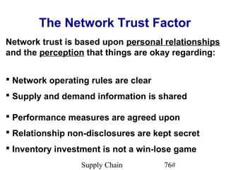 The Network Trust Factor
Network trust is based upon personal relationships
and the perception that things are okay regarding:


 Network operating rules are clear
 Supply and demand information is shared

 Performance measures are agreed upon
 Relationship non-disclosures are kept secret
 Inventory investment is not a win-lose game
                  Supply Chain        76#
 