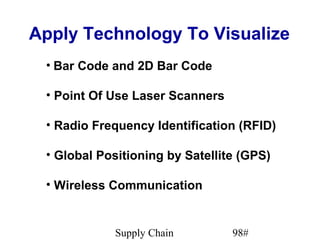 Apply Technology To Visualize
 • Bar Code and 2D Bar Code

 • Point Of Use Laser Scanners

 • Radio Frequency Identification (RFID)

 • Global Positioning by Satellite (GPS)

 • Wireless Communication


             Supply Chain        98#
 