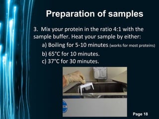 Page 18
Preparation of samples
3. Mix your protein in the ratio 4:1 with the
sample buffer. Heat your sample by either:
a) Boiling for 5-10 minutes. (works for most proteins)
b) 65°C for 10 minutes.
c) 37°C for 30 minutes.
 