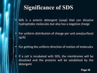 Page 38
Significance of SDS
• SDS is a anionic detergent (soap) that can dissolve
hydrophobic molecules but also has a negative charge
• For uniform distribution of charge per unit area(surface)
(q/A)
• For getting the uniform direction of motion of molecules
• If a cell is incubated with SDS, the membranes will be
dissolved and the proteins will be solubilized by the
detergent
 