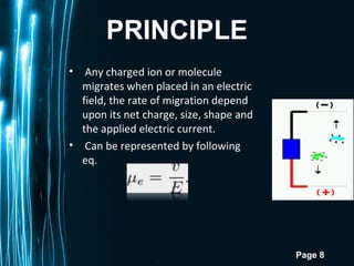 Page 8
PRINCIPLE
• Any charged ion or molecule
migrates when placed in an electric
field, the rate of migration depend
upon its net charge, size, shape and
the applied electric current.
• Can be represented by following
eq.
 