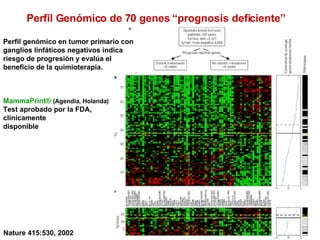 Perfil Genómico de 70 genes “prognosis deficiente” Nature 415:530, 2002 Perfil genómico en tumor primario con ganglios linfáticos negativos indica riesgo de progresión y evalúa el beneficio de la quimioterapia.  MammaPrint®   (Agendia, Holanda) Test aprobado por la FDA, clínicamente  disponible 