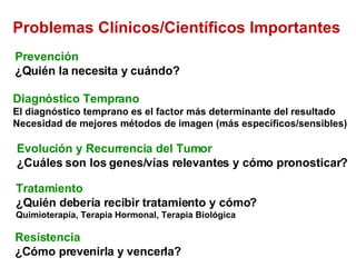 Problemas Clínicos/Científicos Importantes Diagn óstico Temprano   El diagnóstico temprano es el factor más determinante del resultado Necesidad de mejores métodos de imagen (más específicos/sensibles) Prevención  ¿Quién la necesita y cuándo?  Tratamiento  ¿Qui én debería recibir tratamiento y cómo ?  Quimioterapia, Terapia Hormonal, Terapia Biológica Evolución y Recurrencia del Tumor  ¿Cuáles son los genes/vías relevantes y cómo pronosticar? Resistencia ¿C ómo prevenirla y vencerla ? 