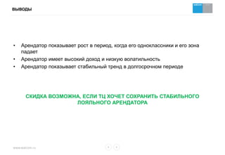 www.watcom.ru
ВЫВОДЫ
• Арендатор показывает рост в период, когда его одноклассники и его зона
падает
• Арендатор имеет высокий доход и низкую волатильность
• Арендатор показывает стабильный тренд в долгосрочном периоде
СКИДКА ВОЗМОЖНА, ЕСЛИ ТЦ ХОЧЕТ СОХРАНИТЬ СТАБИЛЬНОГО
ЛОЯЛЬНОГО АРЕНДАТОРА
 