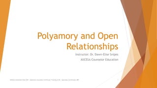 Polyamory and Open
Relationships
Instructor: Dr. Dawn-Elise Snipes
AllCEUs Counselor Education
AllCEUs Unlimited CEUs $59 | Addiction Counselor Certificate Training $149 | Specialty Certificates $89 1
 