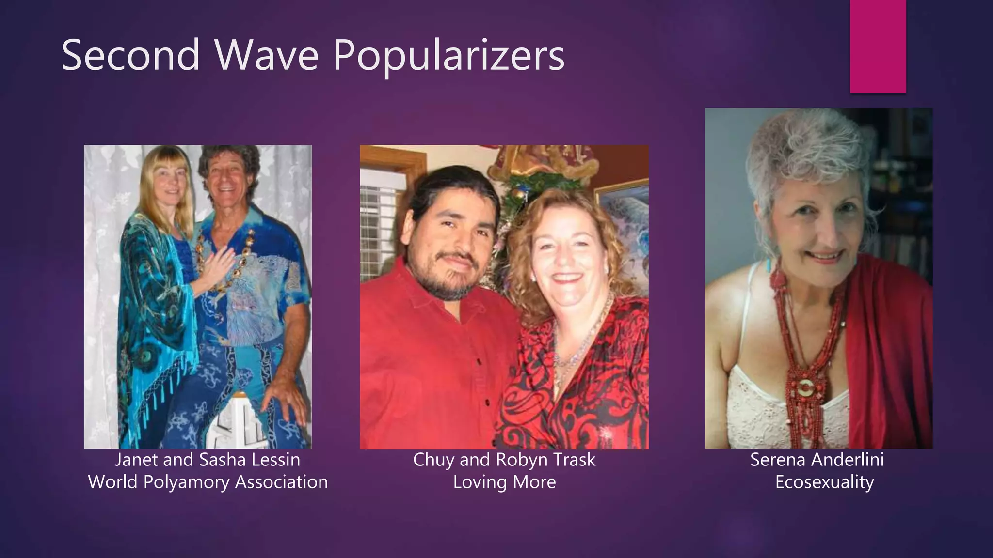 Second Wave Popularizers
Janet and Sasha Lessin
World Polyamory Association
Chuy and Robyn Trask
Loving More
Serena Anderlini
Ecosexuality
 