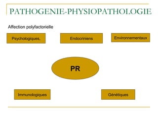 PATHOGENIE-PHYSIOPATHOLOGIE
Psychologiques, Endocriniens Environnementaux
Immunologiques Génétiques
PR
Affection polyfactorielle
 