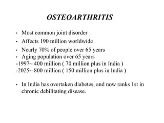 • Most common joint disorder
• Affects 190 million worldwide
• Nearly 70% of people over 65 years
• Aging population over 65 years
-1997~ 400 million ( 70 million plus in India )
-2025~ 800 million ( 150 million plus in India )
• In India has overtaken diabetes, and now ranks 1st in
chronic debilitating disease.
OSTEOARTHRITIS
 