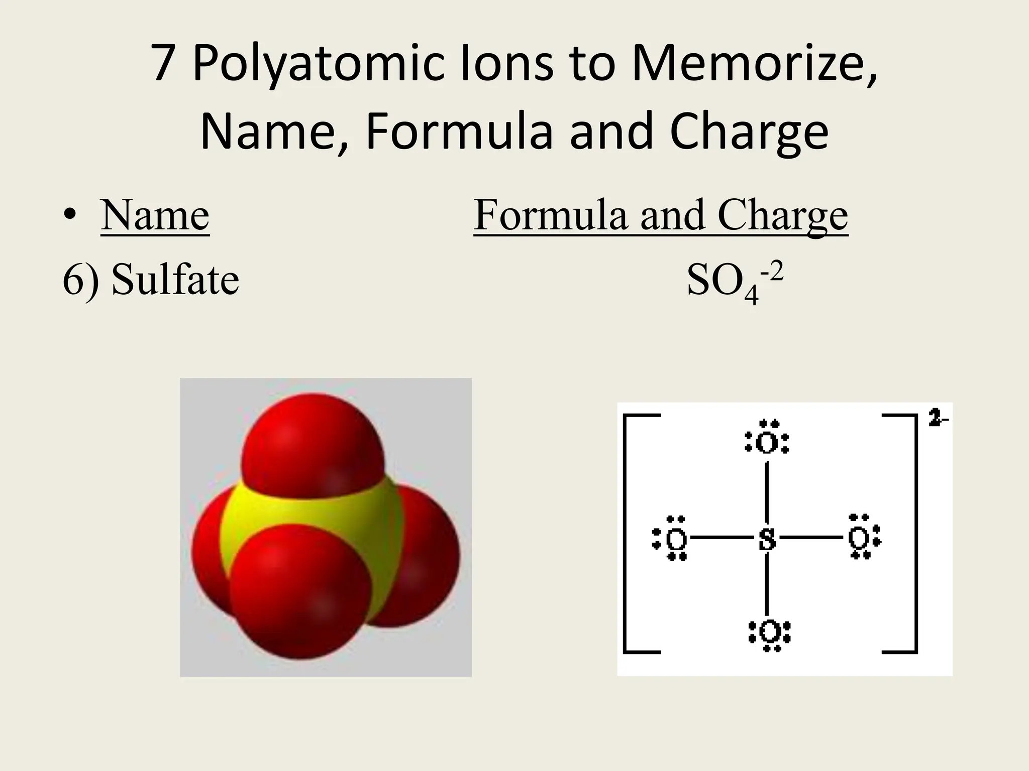 7 Polyatomic Ions to Memorize,
Name, Formula and Charge
• Name Formula and Charge
6) Sulfate SO4
-2
 