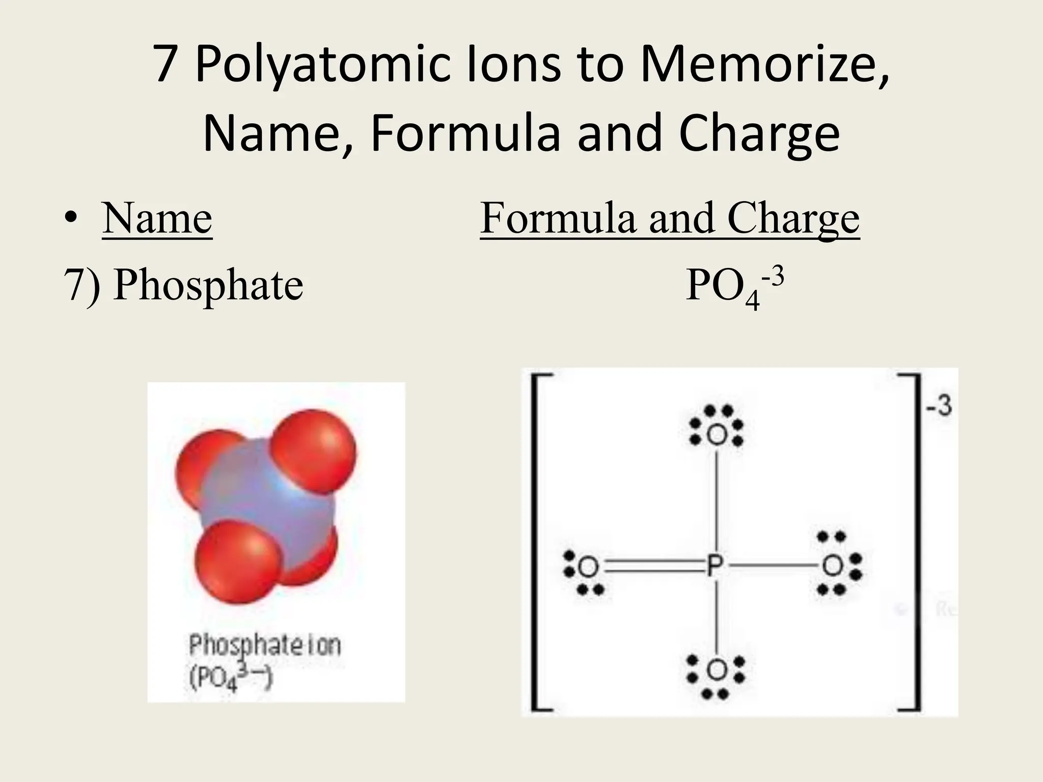 7 Polyatomic Ions to Memorize,
Name, Formula and Charge
• Name Formula and Charge
7) Phosphate PO4
-3
 