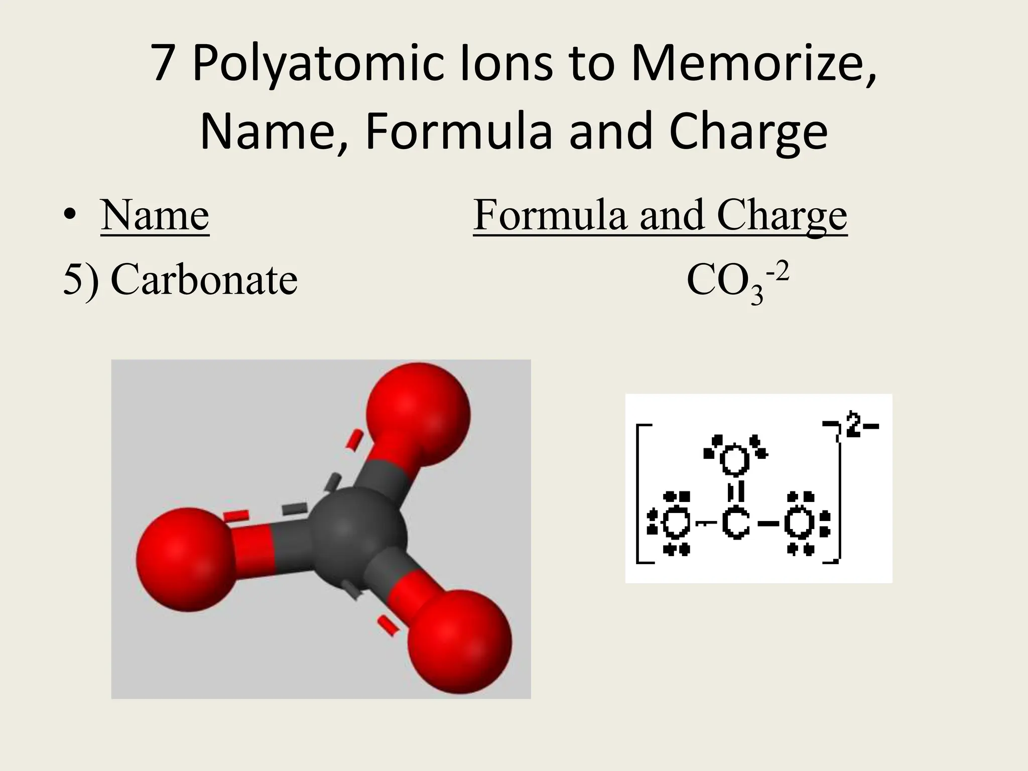 7 Polyatomic Ions to Memorize,
Name, Formula and Charge
• Name Formula and Charge
5) Carbonate CO3
-2
 