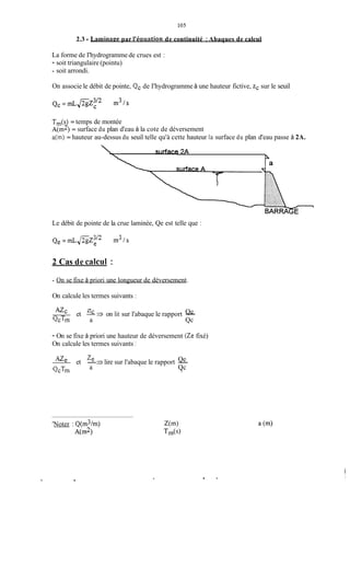 2.3 - Laminaige par l'éqriatiori de continuité :Abaques de calcul
La forme de I'hydrogramme de crues est :
- soit triangulaire (pointu)
- soit arrondi.
On associe le débit de pointe, Qc de I'hydrogramme à une hauteur fictive, zCsur le seuil
T,(s) = temps de montée
A(&) = surface du plan d'eau à la cote de déversement
a(m) = hauteur au-dessus du seuil telle qu'à cette hauteur ia surface du plan d'eau passe à 2A.
curface 3A
P
1 l a
Le débit de pointe de la crue laminée, Qe est telle que :
2 Cas de calcul :
- On se fixe à priori une longueur de déversement.
On calcule les termes suivants :
Z QeMC et A s on lit sur l'abaque le rapport -
QcTm a Qc
- On se fixe à priori une hauteur de déversement (Ze fixé)
On calcule les termes suivants :
ze Qeet -3 lire sur l'abaque le rapport -
a QcQcTm 1
'Noter : Q(m3/m)
A(m2)
.
 