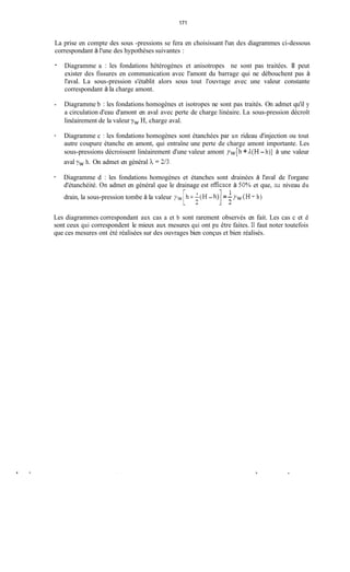 171
La prise en compte des sous -pressions se fera en choisissant l'un des diagrammes ci-dessous
correspondant à l'une des hypothèses suivantes :
- Diagramme a : les fondations hétérogènes et anisotropes ne sont pas traitées. II peut
exister des fissures en communication avec l'amont du barrage qui ne débouchent pas à
l'aval. La sous-pression s'établit alors sous tout l'ouvrage avec une valeur constante
correspondant à la charge amont.
- Diagramme b : les fondations homogènes et isotropes ne sont pas traités. On admet qu'il y
a circulation d'eau d'amont en aval avec perte de charge linéaire. La sous-pression décroît
linéairement de la valeur yw H, charge aval.
- Diagramme c : les fondations homogènes sont étanchées par un rideau d'injection ou tout
autre coupure étanche en amont, qui entraîne une perte de charge amont importante. Les
sous-pressions décroissent linéairement d'une valeur amont yw[h +/i(H- h)] à une valeur
aval yw h. On admet en général h = X .
- Diagramme d : les fondations homogènes et étanches sont drainées à l'aval de l'organe
d'étanchéité. On admet en général que le drainage est efficace à 50?6 et que, au niveau du
drain, la sous-pression tombe à la valeur ;yw - h) =-yw(H + h)
1 :
Les diagrammes correspondant aux cas a et b sont rarement observés en fait. Les cas c et d
sont ceux qui correspondent le mieux aux mesures qui ont pu être faites. Il faut noter toutefois
que ces mesures ont été réalisées sur des ouvrages bien conçus et bien réalisés.
 