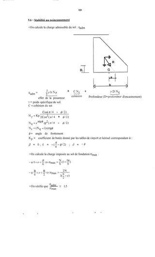181
D,
5.6 - Stabilité au Doinçonnemeiit
+On calcule la charge admissible du SOI : qadm
1
-y.b.N y
2u
effet de la pesanteur
= poids spécifique du sol.
C = cohésion du soi
+ C" + y.D.Nq
-7-Y -coheslon Profondeur (D=profondeur d'encastrement)
C O S ( 7 d 4 - @/2)
2cos (n14 + # / 2 )N y = K p 2
Nq = e d g h g 2 ( d 4 + 412)
Nc = (Nq - l)cotg@
4= angle de frottement
Kp = coefficient de butée donné par les tables de Caquot et kérisel correspondant à :
Ir
p = 0 ; A = -(--#/2) ; 3' = - 4
4
+On calcule la charge imposée au sol de fondation amax :
qadm+On vérifie que - 2 1.5
Dmax
 