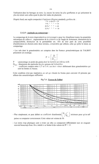 l'utilisation dans les barrages en terre. La encore les terres les plus gonflantes et qui présentent le
plus de retrait sont celles ayant le plus fort indice de plasticité.
D'après Seed, une argile compactée à l'optimum (Proctor standard), sonflera de :
3 'Yh si soli IP = 30
9 II 1 4 II = j()
= 4020 II 11 11
32 O/, 1) 1) II = j()
2.1.2.5 - Ailtitiide ;LI cornptictaee :
Le compactage de la terre (équivalent à un écrouissase) a pour but d'améliorer toutes les propriétés
mécaniques de celles-ci : augmentation de la col~ésionet de l'angle de frottement, diminution de la
compressibilité, diminution de la perméabilité etc. Afin de tirer parti de cette possibilité
d'amélioration on choisira entre deux terrains, comparables par ailleurs, celui qui prête le mieux au
compactage.
- Les sols dont la granulométrie est coinprise dans les hseaux granulométriques de TALBOT
présentent cet avantage.
P
D,,,,, : dimensions des particules les plus grosses de I'ichantillon
r
: pourcentage en poids des grains dont le diamètre est infirieur à D.
: coetkient compris entre 0,35 et 0,40, ces deus i*aleursdéfinissant deux granulométries qui
sont les limites du fuseau.
Cette condition n'est pas impérative, un sol qui s'écarte du &seau peut convenir s'il présente par
ailleurs des caractéristiques suffisantes.
Fig 7.4 : Frise:iri de Talbot
Plus simplement, on peut définir un coeflicient d'uniformité ['A,")minimum pour qu'un sol
puisse se compacter correctement. Cette valeur est voisine de 50.
Les terres trop plastiques sont ii éviter car elles se compactent difficilement tout en exigeant
souvent beaucoup d'eau. On a intérêt i.i se limiter à des valeurs de Tp < 15.
 