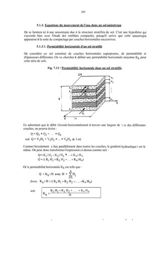 217
5.1.3. Equations du mouvement de l'eau dans un sol anisotroDe
On se limitera ici à une anisotropie due à la structure stratifiée du sol. C'est une hypothèse qui
s'accorde bien avec l'étude des remblais compactés, puisqu'il arrive que cette anisotropie
apparaisse à la suite du compactage par couches horizontales successives.
5.1.3.1. Perméabilité horizontale d'un sol stratifié
On considère un sol constitué de couches horizontales superposées, de perméabilité et
d'épaisseurs différentes. On va chercher a définir une perméabilité horizontale moyenne Kh pour
cette série de sols.
Fig. 7.12 - Perméabilité horizontale dans un sol stratifié.
H
?-
I1
iI
y
-'/v,
X lm
-Y
En admettant que le débit s'écoule horizontalement à travers une largeur de
couches, on pourra écrire :
Q = QI + 42 +......+ Qn
soit Q = VIH,+ V2H2 + ... + VnHn (X 1 m)
Comme l'écoulement a lieu parallèlement dans toutes les couches, le gradient
même. On peut donc transformer l'expression ci-dessus comme suit :
Q= K, i H, +K, i H2 +.....+K, i H,
Q=i(K,Hl+K, H2+ .....+ KnH,)
Or la perméabilité horizontale Kh est telle que :
donc
soit KI HI +K, H2 +........+Kn Hn
i K h = H
1 m des différentes
hydraulique i est le
.
 
