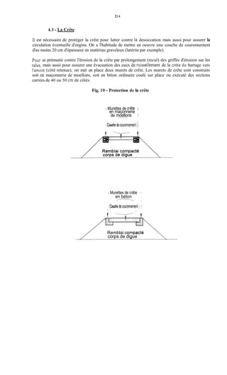 214
4.3 - La Crête
II est nécessaire de protéger la crête pour lutter contre la dessiccation mais aussi pour assurer la
circulation éventuelle d'engins. On a l'habitude de mettre en oeuvre une couche de couronnement
d'au moins 20 cm d'épaisseur en matériau graveleux (latérite par exemple).
Pour se prémunir contre l'érosion de la crête par prolongement (recul) des griffes d'érosion sur les
talus, mais aussi pour assurer une évacuation des eaux de ruissellement de la Crète du barrage vers
l'amont (côté retenue), on met en place deux murets de crête. Les murets de crête sont construits
soit en maçonnerie de moellons, soit en béton ordinaire coulé sur place ou exécuté des sections
carrées de 40 ou 50 cm de côtés.
Fig. 10 - Protection de la crête
- Murettes de crêje 1
en maçonnerie i
de moellons 1
:budiedecouronnement)1' 1
I -- 1 i
- Murettes de crête
i (budiedecouronnement)
en béton ,
/---------.1
/
1 '
Remblai cqmpacte
corps de digue
 