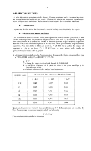210
f
y = 2,50
1/12 O,024 0,022
+/ = 3,65
1/4 1 0,027 0,024
4 - PROTECTION DES TALUS
y = 2,80
0,020
0,023
Les talus doivent être protégés contre les dangers d'érosion provoqués par les vagues de la retenue,
par le ruissellement de la pluie ou par le vent. 11faut parfois prévoir une protection (enrochement,
béton, grillage) contre les animaux fouisseurs qui peuvent creuser des terriers dans les digues.
!
1/2 0,03 1
1/1,5 0,036
1/1 1 0,047
4.1 - Le talus amont
0,028 0,026
0,032 0,03O
0,041 O,O38
1
La protection du talus amont doit être assurée contre le batillage ou action érosive des vagues.
4 1 . 1 - Enrochement en vrac ou rip-rail
C'est le matériau le plus couramment utilisé pour la protection du talus amont. Quelquefois, il peut
s'avérer économique dans les possibilités de protection du talus aval. Il y a nécessité de disposer
entre l'enrochement et le remblai une couche de transition (couche de pose filtrante) d'épaisseur
d'environ 30à 30 cm, constituée de gravier et de sable (tout venant gavillonnaire) de granulométrie
appropriée. Pour être stable, ce filtre doit avoir Fsj > 25 mn. Si la hauteur des vagues est
supérieure à 1.50 m, on fixera Fy5> 40à 50 inin. A noter qu'une seule couche de
granulométrie convenable suffit en général.
+ L'épaisseur minimum de la couche d'enrochement est donnée par la relation suivante utilisée pare
la "TENNESSEE VALLEY AUTHORITY" (T.V.A):
e = C V '
V = vitesse des vagues en m / s seion la formule de GAILLARD
C = coefficient dépendant de la pente du talus et du poids spécifique y de
e = épaisseur minimum de la couche d'enrochement en m.
l'enrochement utilisé.
i
P E N E DU TALUS 1 VALEURS DE c Pt 11,XDIFFERENTS POIDS SPECIFIQUES
I 0,028 1 0,035 1 0,023
I1 1/3
Quant aux diniwsioiis des iZknier7t.r elles seront telles que 50 YOde l'enrochement soit constitué de
blocs d'un poids égal ou supérieur au poids calculé par la formule
P = 0.53 y e3
P est donné en tonnes quand e est en mètres.
 