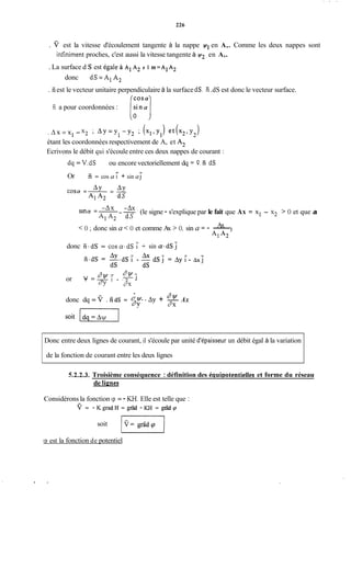 . ... ,
226
. Y est la vitesse d'écoulement tangente à la nappe y1en A,. Comme les deux nappes sont
. La surface d s est égale a Al A2 x 1 m=Al A2
. fiest le vecteur unitaire perpendiculaire à la surface dS. Ïi .dS est donc le vecteur surface.
infiniment proches, c'est aussi la vitesse tangente à y2 en A,.
donc dS=A,A,
fi a pour coordonnées : [i:ns:]
. A x = x ~- x2 ; AY=Y,-Y2 ; (Xi.Y1) e t ( x 2 4
étant les coordonnées respectivement de A, et A,
Ecrivons le débit qui s'écoule entre ces deux nappes de courant :
dq = V.dS ou encore vectoriellement dq = V.fi dS
- -
Or iï = cos a i + sin aj
(le signe - s'explique par le fait que Ax = x1 - x2 > O et que a
-Ax -Axsina =-- --
A1A2 d S
Ax< O ;donc sin a < O et comme Ax > O, sin a = - -
Al A2 )
donc E-dS = cosa-dSi f sin m d S j
or V = - 1 - -- "wl
dY dX
donc dq = v . fi dS = -w - Ay + - Ax
dY dX
Donc entre deux lignes de courant, il s'écoule par unité d'épaisseur un débit égal à la variation
de la fonction de courant entre les deux lignes
5.2.2.3. Troisième conséquence : définition des éaui~otentielleset forme du réseau
de lignes
Considérons la fonction <p = - KH. Elle est telle que :
Y = - K gradH = gr5d - KH = gitad p
soit V=gradg>J
(0 est la fonction de potentiel
 