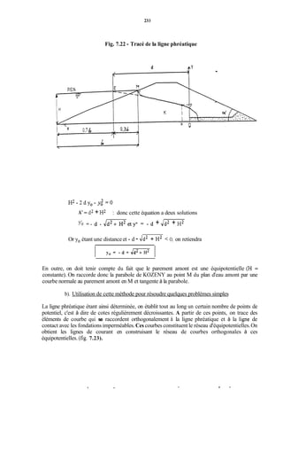 233
Fig. 7.22 - Tracé de la ligne phréatique
d Y
U
d Y
 X O
X
4
A' = d2 +H2
Y0' = - d - , , / m , t y i = - d + i d 2 + H2
: donc cette équation a deux solutions
Or y. étant une distance et - d - Jd2 + H2 < O, on retiendra
En outre, on doit tenir compte du fait que le parement amont est une équipotentielle (H =
constante). On raccorde donc la parabole de KOZENY au point M du plan d'eau amont par une
courbe normale au parement amont en M et tangente à la parabole.
b). Utilisation de cette méthode pour résoudre quelques problèmes simples
La ligne phréatique étant ainsi déterminée, on établit tout au long un certain nombre de points de
potentiel, c'est à dire de cotes régulièrement décroissantes. A partir de ces points, on trace des
éléments de courbe qui se raccordent orthogonalement à la ligne phréatique et à la ligne de
contact avec les fondations imperméables.Ces courbes constituent le réseau d'équipotentielles.On
obtient les lignes de courant en construisant le réseau de courbes orthogonales à ces
équipotentielles. (fig. 7.23).
 