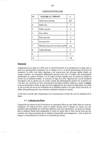 239
COEFFICIENTDE LANE
NATURE DU TERRAIN
Sablesfins et limons
Sables fins
Sables moyens
Gros sables
Petits graviers
Gros graviers
Mélange de graviers et de gros galets
Argile plastique
No C
875
7
6
5
4
5
2,s
3
1
-
2
3
4
5
6
7
8
9
10
Remarque
L'application de la règle de LANE pour le dimensionnement de la fondation de la digue doit se
faire avec discernement et prudence en se référant suriout au profil géotechnique du terrain de
fondation. En effet, cette règle empirique a été conçue pour des ouvrages rigides fondés sur
terrains meubles, les tassements différentiels pouvant alors être à l'origine des cheminements
préférentiels au contact sol-béton. Un tel risque est bien moindre pour un massif de remblai au
contact de sa fondation meuble. A contrario, la règle de LANE supposant des sols de fondation
homogènes, elle ne permet pas de rendre compte des hétérogénéités parfois très localisées qui
vont bien sûr constituer les lieux d'écoulement privilégiés (lentilles sableuses, argiles à canaux,
cuirasses latéritiques).Enfin, la règle de Lane s'applique à la prévention du phénomène de renard
et non à la mise en oeuvre de l'échantéité de la fondation (même si les deux choses sont liées, un
défaut d'étanchéité pouvant sous certaines conditionsentraînerun renard).
Il faut donc accorder plus d'importance à la reconnaissance visuelle des sols de fondation de la
digue.
6.3 - Utilisation des filtres
L'apparition du renard est due à l'existence de contraintes effectives trop faibles dans les zones de
résurgence. Un moyen de lutte contre le renard consiste alors à charger ces zones avec des
matériaux plus perméables les contraintes effectives sont ainsi augmentées ;les pertes de charges
dans le matériau filtrant étant négligeables le risque de renard dans le filtre n'existe donc pas (au
contraire une charge constituée par un matériau imperméable serait dangereuse : toute la perte de
charge s'y concentrerait et le renard ne s'y formerait que mieux).
.
 