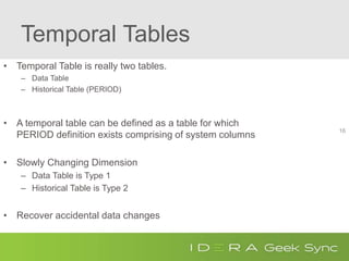 Temporal Tables
• Temporal Table is really two tables.
– Data Table
– Historical Table (PERIOD)
• A temporal table can be defined as a table for which
PERIOD definition exists comprising of system columns
• Slowly Changing Dimension
– Data Table is Type 1
– Historical Table is Type 2
• Recover accidental data changes
16
 