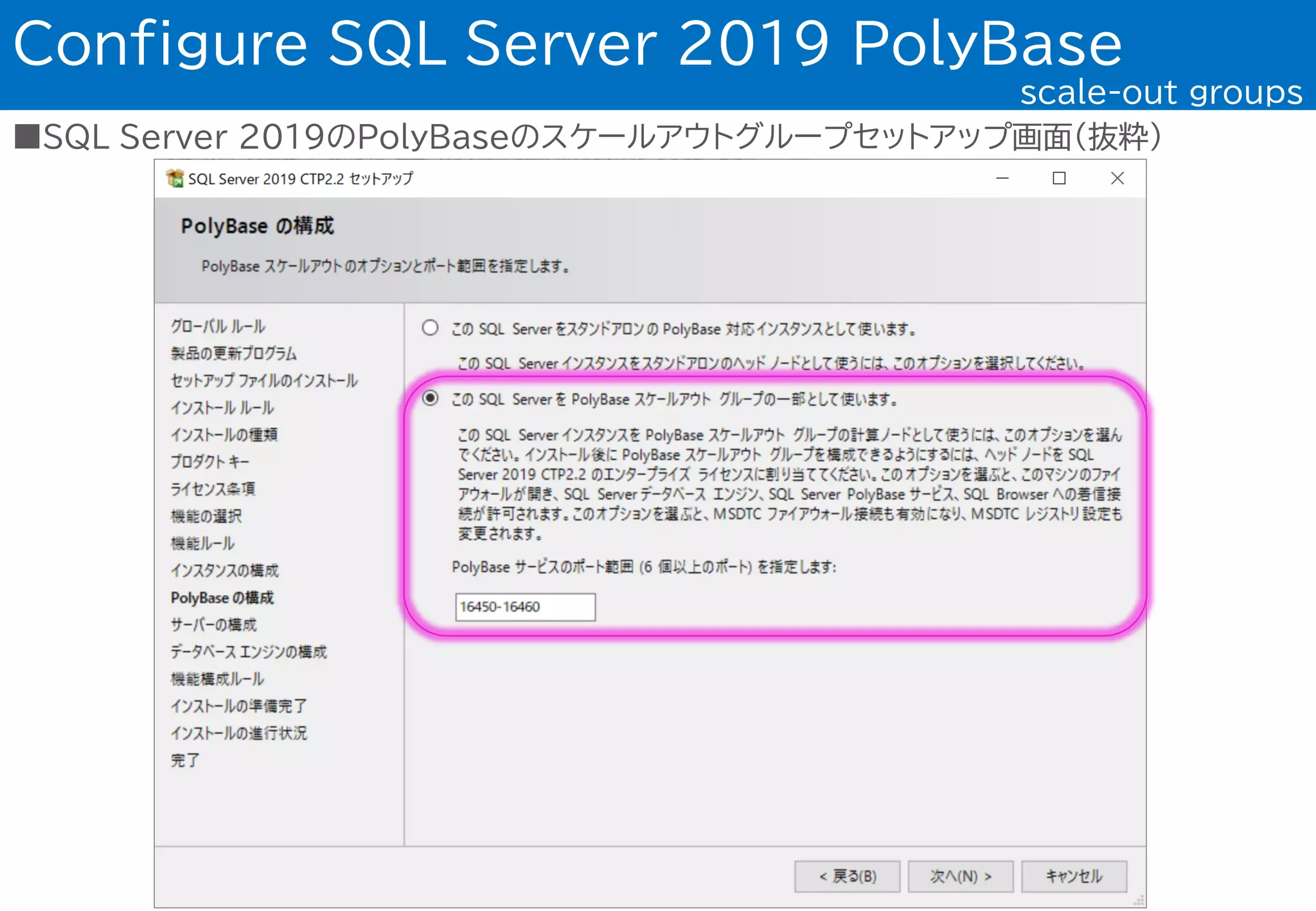 ■SQL Server 2019のPolyBaseのスケールアウトグループセットアップ画面(抜粋)
Configure SQL Server 2019 PolyBase
scale-out groups
 