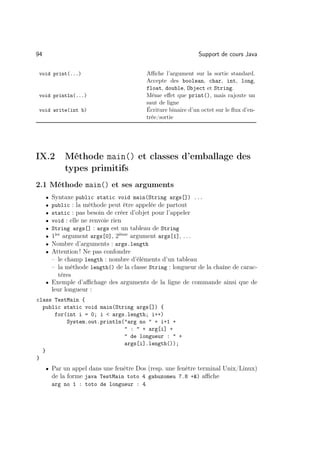 94                                                              Support de cours Java

 void print(...)                           Aﬃche l’argument sur la sortie standard.
                                           Accepte des boolean, char, int, long,
                                           float, double, Object et String.
 void println(...)                         Même eﬀet que print(), mais rajoute un
                                           saut de ligne
 void write(int b)                         Écriture binaire d’un octet sur le ﬂux d’en-
                                           trée/sortie




IX.2         Méthode main() et classes d’emballage des
             types primitifs
2.1 Méthode main() et ses arguments
     • Syntaxe public static void main(String args[]) ...
     • public : la méthode peut être appelée de partout
     • static : pas besoin de créer d’objet pour l’appeler
     • void : elle ne renvoie rien
     • String args[] : args est un tableau de String
     • 1ier argument args[0], 2ième argument args[1], . . .
     • Nombre d’arguments : args.length
     • Attention ! Ne pas confondre
       – le champ length : nombre d’éléments d’un tableau
       – la méthode length() de la classe String : longueur de la chaîne de carac-
          tères
     • Exemple d’aﬃchage des arguments de la ligne de commande ainsi que de
       leur longueur :
class TestMain {
  public static void main(String args[]) {
      for(int i = 0; i  args.length; i++)
          System.out.println(arg no  + i+1 +
                              :  + arg[i] +
                              de longueur :  +
                             args[i].length());
  }
}
     • Par un appel dans une fenêtre Dos (resp. une fenêtre terminal Unix/Linux)
         de la forme java TestMain toto 4 gabuzomeu 7.8 +) aﬃche
         arg no 1 : toto de longueur : 4
 