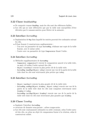 124                                                            Support de cours Java

3.22 Classe WeakHashMap
      • Se comporte comme HashMap, mais les clés sont des références faibles.
      • Les clés qui ne sont référencées que par la table sont susceptibles d’être
        détruites par le ramasse-miettes pour libérer de la mémoire.


3.23 Interface SortedMap
      • Implantation de Map dans laquelle les entrées peuvent être ordonnées suivant
        les clés.
      • Il faut fournir 2 constructeurs suplémentaires :
        – l’un avec un paramètre de type SortedMap, réalisant une copie de la table
          fournie, avec le même ordre.
        – l’autre avec un paramètre de type Comprarator ﬁxant l’ordre.


3.24 Interface SortedMap
      • Méthodes supplémentaires de SortedMap
        – Comparator comparator() renvoie le comparateur associé à la table triée,
          ou null s’il utilise l’ordre naturel des clés.
        – Object firstKey() renvoie la plus petite clé de la table triée.
        – SortedMap headMap(Object toKey) renvoie une vue de la partie de la table
          triée dont les clés sont strictement plus petites que toKey.


3.25 Interface SortedMap

        – Object lastKey() renvoie la plus grande clé de la table triée.
        – SortedMap subMap(Object fromKey, Object toKey) renvoie une vue de la
          partie de la table triée dont les clés sont comprises strictement entre
          fromKey et toKey.
        – SortedMap tailMap(Object fromKey) renvoie une vue de la partie de la
          table triée dont les clés sont strictement plus grandes que fromKey.


3.26 Classe TreeMap
      • Implante l’interface SortedMap.
      • structure de données sous-jacente : arbres rouges-noirs.
      • Les clés sont constamment ordonnées en ordre croissant, selon l’ordre natu-
        rel des clés, ou selon un objet de comparaison fourni à la création, selon le
        constructeur utilisé.
 