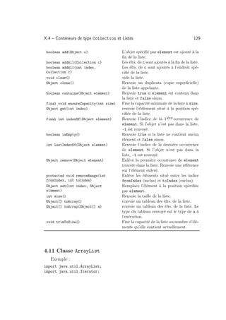 X.4 – Conteneurs de type Collection et Listes                                      129

 boolean add(Object o)                 L’objet spéciﬁé par element est ajouté à la
                                       ﬁn de la liste.
 boolean addAll(Collection c)          Les élts. de c sont ajoutés à la ﬁn de la liste.
 boolean addAll(int index,             Les élts. de c sont ajoutés à l’endroit spé-
 Collection c)                         ciﬁé de la liste.
 void clear()                          vide la liste.
 Object clone()                        Renvoie un duplicata (copie superﬁcielle)
                                       de la liste appelante.
 boolean contains(Object element)      Renvoie true si element est contenu dans
                                       la liste et false sinon.
 final void ensureCapacity(int size)   Fixe la capacité minimale de la liste à size.
 Object get(int index)                 renvoie l’élélement situé à la position spé-
                                       ciﬁée de la liste.
 final int indexOf(Object element)     Renvoie l’indice de la 1ière occurrence de
                                       element. Si l’objet n’est pas dans la liste,
                                       -1 est renvoyé.
 boolean isEmpty()                     Renvoie true si la liste ne contient aucun
                                       élément et false sinon.
 int lastIndexOf(Object element)       Renvoie l’indice de la dernière occurrence
                                       de element. Si l’objet n’est pas dans la
                                       liste, -1 est renvoyé.
 Object remove(Object element)         Enlève la première occurrence de element
                                       trouvée dans la liste. Renvoie une référence
                                       sur l’élément enlevé.
 protected void removeRange(int        Enlève les éléments situé entre les indice
 fromIndex, int toIndex)               fromIndex (inclus) et toIndex (exclus).
 Object set(int index, Object          Remplace l’élément à la position spéciﬁée
 element)                              par element.
 int size()                            Renvoie la taille de la liste.
 Object[] toArray()                    renvoie un tableau des élts. de la liste.
 Object[] toArray(Object[] a)          renvoie un tableau des élts. de la liste. Le
                                       type du tableau renvoyé est le type de a à
                                       l’exécution.
 void trimToSize()                     Fixe la capacité de la liste au nombre d’élé-
                                       ments qu’elle contient actuellement.




4.11 Classe ArrayList
   Exemple :
import java.util.ArrayList;
import java.util.Iterator;
 
