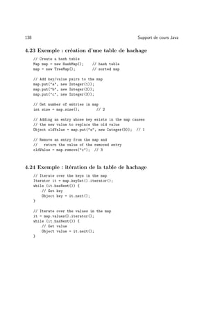 138                                                    Support de cours Java

4.23 Exemple : création d’une table de hachage
      // Create a hash table
      Map map = new HashMap();     // hash table
      map = new TreeMap();         // sorted map

      // Add key/value   pairs to the map
      map.put(a, new   Integer(1));
      map.put(b, new   Integer(2));
      map.put(c, new   Integer(3));

      // Get number of entries in map
      int size = map.size();        // 2

      // Adding an entry whose key exists in the map causes
      // the new value to replace the old value
      Object oldValue = map.put(a, new Integer(9)); // 1

      // Remove an entry from the map and
      //   return the value of the removed entry
      oldValue = map.remove(c); // 3



4.24 Exemple : itération de la table de hachage
      // Iterate over the keys in the map
      Iterator it = map.keySet().iterator();
      while (it.hasNext()) {
          // Get key
          Object key = it.next();
      }

      // Iterate over the values in the map
      it = map.values().iterator();
      while (it.hasNext()) {
          // Get value
          Object value = it.next();
      }
 