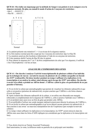 QCM 44 : On réalise un séquençage par la méthode de Sanger à un patient et on le compare avec la
séquence normale. De plus, on connaît le mode d’action de 2 enzymes de restriction :
-Apa I: …GGGCC/C…
- Hae III : …GG/CC…

        A T C G                        A T C G

        -                              -
                -                              -
                     -                     -
                     -                             -
                     -                             -
                -                              -
                -                              -
                -                              -
            -                              -
        -                              -

            Normal                         Patient

A/ Le patient présente une mutation C -> A au niveau de la séquence matrice.
B/ Le brin matrice normal peut être coupé par les 2 enzymes de restriction Apa I et Hae III.
C/ La mutation aurait pu être localisée et déterminée à l’aide de ces enzymes de restriction.
D/ Cette mutation abolit l’action de Hae III chez le patient.
E/ Pour obtenir la séquence de 5’ en 3’ du brin complémentaire de celui que l’on séquence, il suffit de
« lire l’électrophorèse » de bas en haut.


                             ANALYSE DE L’EXPRESSION DES GENES

QCM A1 : On cherche à analyser l’activité transcriptionnelle de plusieurs cellules d’un individu
par la technique de run-on : on isole les noyaux de plusieurs de ces cellules auxquelles on fournit
des XTP* (radioactifs). On laisse incuber pendant un temps t suffisant à la réplication et à la
transcription et on analyse la culture ainsi obtenue après lavage des XTP* non utilisés. On cherche
à savoir si la cellule a produit un ARNm donné : l’ARNm x (dont le gène a la particularité de ne pas
posséder d’introns).

A/ Si on révèle la culture par autoradiographie (qui permet de visualiser les éléments radioactifs) et que
celle-ci est positive (présence de radioactivité), on peut conclure que l’ARNm x a de fortes chances
d’avoir été formé.
B/ Après isolation des éléments radioactifs de la culture, si on utilise une ribosonde non marquée
(ribosonde y) complémentaire de la séquence de l’ARNm x, celle-ci pourra s’hybrider avec l’ARNm x
(s’il est produit) mais aussi avec un brin du gène qui produit cette ARNm.
C/ Il est préférable d’utiliser une sonde marquée radioactivement pour détecter la présence de l’ARNm x.
D/ Si on révèle la culture par autoradiographie et qu’on ne détecte aucune présence de radioactivité, il
faut conclure à une erreur ou mauvaise manipulation lors de l’expérience (par exemple la mort des
cellules).
E/ Le temps t étant suffisant à la réplication et à la transcription, les XTP* seront retrouvés dans les
ARNm mais aussi dans les brins d’ADN répliqués (en considérant que la réplication et la transcription ont
lieu).




© Tous droits réservés au Tutorat Associatif Toulousain
Sauf autorisation, la vente, la diffusion totale ou partielle de ce polycopié sont interdites   140
 
