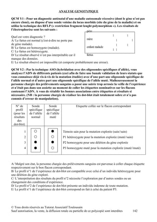 ANALYSE GENOTYPIQUE

QCM Y1 : Pour un diagnostic anténatal d’une maladie autosomale récessive (dont le gène n’est pas
encore cloné), on dispose d’une sonde voisine du locus morbide (site du gène de la maladie) et on
utilise la technique des RFLP (« restriction fragment lenght polymorphism »). Les résultats de
l’électrophorèse sont les suivants :                     père
Quel est votre diagnostic ?
A/ Le fœtus est normal (c'est-à-dire ne porte pas          mère
de gène malade).
B/ Le fœtus est homozygote (malade).                       enfant malade
C/ Le fœtus est hétérozygote.
D/ Le résultat observé n’est pas interprétable car il      fœtus
manque des données.
E/ Le résultat observé est impossible (et comporte probablement une erreur).

QCM Y2 : Par la technique ASO (hybridation avec des oligosondes spécifiques d’allèle), vous
analysez l’ADN de différents patients (ceci afin de faire une banale validation de leurs statuts que
vous connaissez déjà vis-à-vis de la mutation étudiée) avec d’une part une oligosonde spécifique de
l’allèle normal et d’autre part une oligosonde spécifique de l’allèle muté. Malheureusement la
personne chargée des prélèvements sanguins a passé une soirée trop arrosée la veille de l’expérience
et n’était pas dans son assiette au moment de coller les étiquettes nominatives sur les flacons
contenant l’ADN. A vous de rétablir les bonnes associations entre étiquettes et résultats si
nécessaire. (NB : la personne chargée de réaliser les dot-blot était totalement sobre et n’a pas
commis d’erreur de manipulation).

    N° de        Sonde         Sonde                  Etiquette collée sur le flacon correspondant
    profil     spécifique    spécifique
  (pour les    de l’allèle   de l’allèle
  résultats      normal        muté
     des
  dot-blot)

          1                                Témoin sain pour la mutation explorée (sain//sain)
          2                                P1 hétérozygote pour la mutation explorée (muté//sain)
          3                                P2 homozygote pour une délétion du gène explorée
          4                                P3 homozygote muté pour la mutation explorée (muté//muté)




A/ Malgré son état, la personne chargée des prélèvements sanguins est parvenue à coller chaque étiquette
respectivement sur le bon flacon correspondant.
B/ Le profil n°1 de l’expérience de dot-blot est compatible avec celui d’un individu hétérozygote pour
une délétion du gène exploré.
C/ L’interprétation des résultats du profil n°2 nécessite l’exploration par d’autres sondes ou un
changement des conditions d’expérience.
D/ Le profil n°2 de l’expérience de dot-blot présente un individu indemne de toute mutation.
E/ Le profil n°1 de l’expérience de dot-blot correspond en fait à celui du patient P3.




© Tous droits réservés au Tutorat Associatif Toulousain
Sauf autorisation, la vente, la diffusion totale ou partielle de ce polycopié sont interdites        142
 