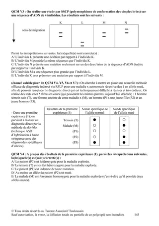 QCM Y3 : On réalise une étude par SSCP (polymorphisme de conformation des simples brins) sur
une séquence d’ADN de 4 individus. Les résultats sont les suivants :

                                       K                 L                 M                    N

        sens de migration                                                                       ▬
                                       ▬                                   ▬                    ▬
                                       ▬                                   ▬
                                                         ▬
                                                         ▬

Parmi les interprétations suivantes, la(les)quelle(s) sont correcte(s) :
A/ L’individu L présente une délétion par rapport à l’individu K.
B/ L’individu M possède la même séquence que l’individu K.
C/ L’individu N présente une mutation seulement sur un des deux brins de la séquence d’ADN étudiée
par rapport à l’individu K.
D/ L’individu M a une séquence plus grande que l’individu L.
E/ L’individu K peut présenter une mutation par rapport à l’individu M.

(énoncé valable pour les QCM Y4, Y5, Y6 et Y7) : On cherche à mettre en place une nouvelle méthode
efficace de diagnostic indirect via RFLP pour une maladie x autosomale récessive due à un allèle muté,
afin de pouvoir remplacer le diagnostic direct qui est techniquement difficile à réaliser et très coûteux. On
réalise des tests chez 5 frères et sœurs (qui possèdent les mêmes parents, aujourd’hui décédés) : 1 homme
témoin sain (T), une femme atteinte de cette maladie x (M), un homme (P1), une jeune fille (P2) et un
jeune homme (P3).

                             Résultats de la première     Sonde spécifique de       Sonde spécifique
- Dans une première              expérience (1)             l’allèle normal          de l’allèle muté
expérience (1), on
parvient à réaliser un                     Témoin (T)
diagnostic direct par la
                                           Malade (M)
méthode du dot-blot
(technique ASO                                    (P1)
d’hybridation à haute
                                                  (P2)
stringence avec des
oligosondes spécifiques                           (P3)
d’allèles).

QCM Y4 : A propos des résultats de la première expérience (1), parmi les interprétations suivantes,
la(les)quelle(s) est(sont) correcte(s) :
A/ Le patient (P3) est hétérozygote pour la maladie explorée.
B/ Le témoin (T) est en fait hétérozygote pour la maladie explorée.
C/ Le patient (P1) est indemne de toute mutation.
D/ Au moins un allèle du patient (P2) est muté.
E/ Le malade (M) est forcement homozygote pour la maladie explorée (c’est-à-dire qu’il possède deux
allèles mutés).




© Tous droits réservés au Tutorat Associatif Toulousain
Sauf autorisation, la vente, la diffusion totale ou partielle de ce polycopié sont interdites       143
 