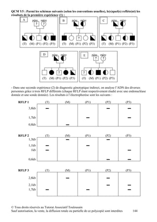 QCM Y5 : Parmi les schémas suivants (selon les conventions usuelles), le(s)quel(s) refléte(nt) les
résultats de la première expérience (1) :
         A       père mère                 B         père mère               C          père mère
                   ?   ?



                                                        ?
         (T) (M) (P1) (P2) (P3)            (T) (M) (P1) (P2) (P3)            (T) (M) (P1) (P2) (P3)


                          D       père mère                 E          père mère
                                                                         ?   ?



                                       ?                    ?
                          (T) (M) (P1) (P2) (P3)            (T) (M) (P1) (P2) (P3)

- Dans une seconde expérience (2) de diagnostic génotypique indirect, on analyse l’ADN des diverses
personnes grâce à trois RFLP différents (chaque RFLP étant respectivement étudié avec une endonucléase
donnée et une sonde donnée). Les résultats à l’électrophorèse sont les suivants :

     RFLP 1                 (T)                (M)              (P1)             (P2)           (P3)
              3,8kb           ▬                                                    ▬                ▬

              1,7kb                                             ▬                                   ▬

              0,8kb                            ▬


     RFLP 2                 (T)                (M)              (P1)             (P2)           (P3)
           1,3kb                                ▬                                 ▬
              1,1kb           ▬                                 ▬
                1kb           ▬                                                                     ▬

              0,6kb                                                                ▬                ▬


     RFLP 3                 (T)                (M)              (P1)             (P2)           (P3)

              2,8kb                            ▬                                   ▬

              2,1kb                                                                ▬                ▬
              1,7kb           ▬                                 ▬                                   ▬




© Tous droits réservés au Tutorat Associatif Toulousain
Sauf autorisation, la vente, la diffusion totale ou partielle de ce polycopié sont interdites           144
 