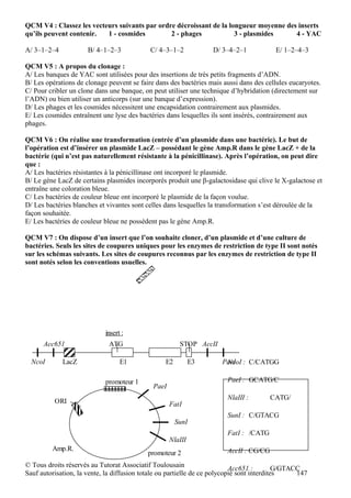 QCM V4 : Classez les vecteurs suivants par ordre décroissant de la longueur moyenne des inserts
qu’ils peuvent contenir.  1 - cosmides         2 - phages            3 - plasmides     4 - YAC

A/ 3–1–2–4            B/ 4–1–2–3            C/ 4–3–1–2             D/ 3–4–2–1            E/ 1–2–4–3

QCM V5 : A propos du clonage :
A/ Les banques de YAC sont utilisées pour des insertions de très petits fragments d’ADN.
B/ Les opérations de clonage peuvent se faire dans des bactéries mais aussi dans des cellules eucaryotes.
C/ Pour cribler un clone dans une banque, on peut utiliser une technique d’hybridation (directement sur
l’ADN) ou bien utiliser un anticorps (sur une banque d’expression).
D/ Les phages et les cosmides nécessitent une encapsidation contrairement aux plasmides.
E/ Les cosmides entraînent une lyse des bactéries dans lesquelles ils sont insérés, contrairement aux
phages.

QCM V6 : On réalise une transformation (entrée d’un plasmide dans une bactérie). Le but de
l’opération est d’insérer un plasmide LacZ – possédant le gène Amp.R dans le gène LacZ + de la
bactérie (qui n’est pas naturellement résistante à la pénicillinase). Après l’opération, on peut dire
que :
A/ Les bactéries résistantes à la pénicillinase ont incorporé le plasmide.
B/ Le gène LacZ de certains plasmides incorporés produit une β-galactosidase qui clive le X-galactose et
entraîne une coloration bleue.
C/ Les bactéries de couleur bleue ont incorporé le plasmide de la façon voulue.
D/ Les bactéries blanches et vivantes sont celles dans lesquelles la transformation s’est déroulée de la
façon souhaitée.
E/ Les bactéries de couleur bleue ne possèdent pas le gène Amp.R.

QCM V7 : On dispose d’un insert que l’on souhaite cloner, d’un plasmide et d’une culture de
bactéries. Seuls les sites de coupures uniques pour les enzymes de restriction de type II sont notés
sur les schémas suivants. Les sites de coupures reconnus par les enzymes de restriction de type II
sont notés selon les conventions usuelles.




                            insert :
      Acc651                  ATG                       STOP AccII

  NcoI       LacZ                 E1              E2         E3       PaeI
                                                                       NcoI : C/CATGG

                            promoteur 1                                 PaeI : GCATG/C
                                             PaeI
                                                                        NlaIII :        CATG/
          ORI                                       FatI
                                                                        SunI : C/GTACG
                                                       SunI
                                                                        FatI : /CATG
                                                    NlaIII
         Amp.R.                                                         AccII : CG/CG
                                           promoteur 2
© Tous droits réservés au Tutorat Associatif Toulousain                    Acc651 :         G/GTACC
Sauf autorisation, la vente, la diffusion totale ou partielle de ce polycopié sont interdites     147
 