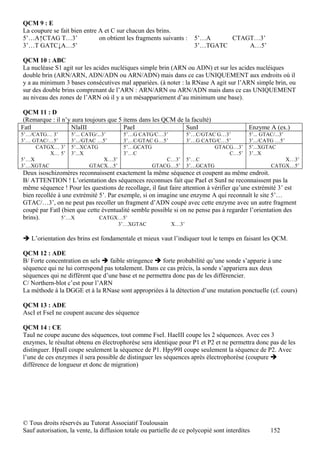 QCM 9 : E
La coupure se fait bien entre A et C sur chacun des brins.
5’…A↑CTAG T…3’                on obtient les fragments suivants :     5’…A     CTAGT…3’
3’…T GATC↓A…5’                                                        3’…TGATC     A…5’

QCM 10 : ABC
La nucléase S1 agit sur les acides nucléiques simple brin (ARN ou ADN) et sur les acides nucléiques
double brin (ARN/ARN, ADN/ADN ou ARN/ADN) mais dans ce cas UNIQUEMENT aux endroits où il
y a au minimum 3 bases consécutives mal appariées. (à noter : la RNase A agit sur l’ARN simple brin, ou
sur des double brins comprenant de l’ARN : ARN/ARN ou ARN/ADN mais dans ce cas UNIQUEMENT
au niveau des zones de l’ARN où il y a un mésappariement d’au minimum une base).

 QCM 11 : D
 (Remarque : il n’y aura toujours que 5 items dans les QCM de la faculté)
FatI               NlaIII               PaeI                   SunI                         Enzyme A (ex.)
5’…/CATG… 3’       5’... CATG/...3’       5’…G CATG/C…3’           5’…C/GTAC G…3’           5’... GTAC/...3’
3’… GTAC/…5’       3’.../GTAC …5’         3’…C/GTAC G…5’           3’…G CATG/C…5’           3’.../CATG …5’
     CATGX… 3’     5’...XCATG             5’…GCATG                          GTACG…3’        5’...XGTAC
         X… 5’     3’...X                 3’…C                                  C…5’        3’...X
5’…X                              X…3’                 C…3’        5’…C                                  X…3’
3’…XGTAC                   GTACX…5’                GTACG…5’        3’…GCATG                          CATGX…5’
Deux isoschizomères reconnaissent exactement la même séquence et coupent au même endroit.
B/ ATTENTION ! L’orientation des séquences reconnues fait que PaeI et SunI ne reconnaissent pas la
même séquence ! Pour les questions de recollage, il faut faire attention à vérifier qu’une extrémité 3’ est
bien recollée à une extrémité 5’. Par exemple, si on imagine une enzyme A qui reconnaît le site 5’…
GTAC/…3’, on ne peut pas recoller un fragment d’ADN coupé avec cette enzyme avec un autre fragment
coupé par FatI (bien que cette éventualité semble possible si on ne pense pas à regarder l’orientation des
brins).        5’…X           CATGX…5’
                                         3’…XGTAC           X…3’

 L’orientation des brins est fondamentale et mieux vaut l’indiquer tout le temps en faisant les QCM.

QCM 12 : ADE
B/ Forte concentration en sels  faible stringence  forte probabilité qu’une sonde s’apparie à une
séquence qui ne lui correspond pas totalement. Dans ce cas précis, la sonde s’appariera aux deux
séquences qui ne diffèrent que d’une base et ne permettra donc pas de les différencier.
C/ Northern-blot c’est pour l’ARN
La méthode à la DGGE et à la RNase sont appropriées à la détection d’une mutation ponctuelle (cf. cours)

QCM 13 : ADE
AscI et FseI ne coupent aucune des séquence

QCM 14 : CE
TauI ne coupe aucune des séquences, tout comme FseI. HaeIII coupe les 2 séquences. Avec ces 3
enzymes, le résultat obtenu en électrophorèse sera identique pour P1 et P2 et ne permettra donc pas de les
distinguer. HpaII coupe seulement la séquence de P1. Hpy99I coupe seulement la séquence de P2. Avec
l’une de ces enzymes il sera possible de distinguer les séquences après électrophorèse (coupure 
différence de longueur et donc de migration)




© Tous droits réservés au Tutorat Associatif Toulousain
Sauf autorisation, la vente, la diffusion totale ou partielle de ce polycopié sont interdites        152
 