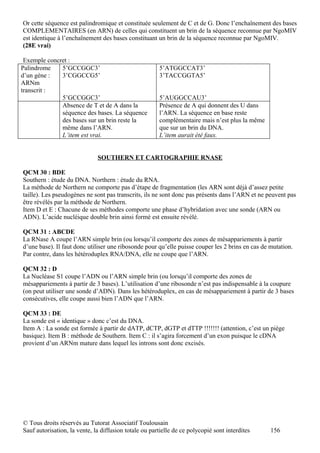 Or cette séquence est palindromique et constituée seulement de C et de G. Donc l’enchaînement des bases
COMPLEMENTAIRES (en ARN) de celles qui constituent un brin de la séquence reconnue par NgoMIV
est identique à l’enchaînement des bases constituant un brin de la séquence reconnue par NgoMIV.
(28E vrai)

 Exemple concret :
Palindrome    5’GCCGGC3’                               5’ATGGCCAT3’
d’un gène :   3’CGGCCG5’                               3’TACCGGTA5’
ARNm
transcrit :
              5’GCCGGC3’                               5’AUGGCCAU3’
              Absence de T et de A dans la             Présence de A qui donnent des U dans
              séquence des bases. La séquence          l’ARN. La séquence en base reste
              des bases sur un brin reste la           complémentaire mais n’est plus la même
              même dans l’ARN.                         que sur un brin du DNA.
              L’item est vrai.                         L’item aurait été faux.


                              SOUTHERN ET CARTOGRAPHIE RNASE

QCM 30 : BDE
Southern : étude du DNA. Northern : étude du RNA.
La méthode de Northern ne comporte pas d’étape de fragmentation (les ARN sont déjà d’assez petite
taille). Les pseudogènes ne sont pas transcrits, ils ne sont donc pas présents dans l’ARN et ne peuvent pas
être révélés par la méthode de Northern.
Item D et E : Chacune de ses méthodes comporte une phase d’hybridation avec une sonde (ARN ou
ADN). L’acide nucléique double brin ainsi formé est ensuite révélé.

QCM 31 : ABCDE
La RNase A coupe l’ARN simple brin (ou lorsqu’il comporte des zones de mésappariements à partir
d’une base). Il faut donc utiliser une ribosonde pour qu’elle puisse couper les 2 brins en cas de mutation.
Par contre, dans les hétéroduplex RNA/DNA, elle ne coupe que l’ARN.

QCM 32 : D
La Nucléase S1 coupe l’ADN ou l’ARN simple brin (ou lorsqu’il comporte des zones de
mésappariements à partir de 3 bases). L’utilisation d’une ribosonde n’est pas indispensable à la coupure
(on peut utiliser une sonde d’ADN). Dans les hétéroduplex, en cas de mésappariement à partir de 3 bases
consécutives, elle coupe aussi bien l’ADN que l’ARN.

QCM 33 : DE
La sonde est « identique » donc c’est du DNA.
Item A : La sonde est formée à partir de dATP, dCTP, dGTP et dTTP !!!!!!! (attention, c’est un piège
basique). Item B : méthode de Southern. Item C : il s’agira forcement d’un exon puisque le cDNA
provient d’un ARNm mature dans lequel les introns sont donc excisés.




© Tous droits réservés au Tutorat Associatif Toulousain
Sauf autorisation, la vente, la diffusion totale ou partielle de ce polycopié sont interdites     156
 
