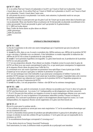 QCM V7 : BCD
A/ si on utilise PaeI sur l’insert et le plasmide et Acc651 sur l’insert et SunI sur le plasmide, l’insert
s’insert dans un sens. Si on utilise PaeI sur l’insert et NlaIII sur le plasmide et Acc651 sur l’insert et SunI
sur le plasmide, l’insert s’insert dans l’autre sens.
B/ cela permet de savoir si un plasmide s’est inséré, mais attention, le plasmide inséré ne sera pas
forcement recombinant !
D/ La couleur bleue ne peut provenir que du gène LacZ de l’insert qui ne peut entrer dans la bactérie que
via un plasmide. Donc une bactérie bleue en présence de X-Gal possède un plasmide recombinant (c'est-
à-dire qui possède l’insert qui possède le gène LacZ qui produit la X-galactosidase).
E/ L’ARN est le plus dense.
Dans l’ordre du moins dense au plus dense on obtient :
↓ADN génomique
↓ADN du plasmide
↓ARN


                                     ANIMAUX TRANSGENIQUES

QCM T1 : ABE
Le but de l’expérience et de créer une souris transgénique qui n’exprimerait que peu (ou plus) de
protéines GCN2.
A/ (vrai) En effet, dans ce cas, la souris va produire des ARNm antisens aux ARNm de la protéine GCN2
et qui vont donc s’hybrider avec ces derniers. Cette hybridation va rendre impossible la traduction des
ARNm de GCN2 liés et donc la production de cette protéine.
B/ (vrai) C’est la première hypothèse envisageable. Le gène étant knock-out, la production de la protéine
GCN2 ne sera plus possible.
C/ C’est une proposition absurde. Pour obtenir un résultat, il faudrait croiser la souris dont le gène de
GCN2 est floxé avec une souris surexprimant le gène Cre, ce qui aurait pour conséquence la suppression
de la séquence floxée (donc du gène) sous l’effet de Cre.
Le croisement avec une souris exprimant un promoteur tissu-spécifique n’aura à priori pas d’effet
d’autant qu’on ne sait pas à quel gène se rattache le promoteur en question.
D/ C’est une technique tout à fait réalisable et qui aurait pour conséquence d’inhiber l’action de la
protéine GCN2 puisque son récepteur serait saturé par la protéine tronquée. Cependant dans cette exercice
on cherche à obtenir une réduction de l’expression de la protéine GCN2 et l’hypothèse proposée ne
modifie pas le niveau d’expression de GCN2.
E/ (vrai) En effet, c’est une proposition « bateau » des QCM sur les animaux transgéniques.

QCM T2 : ABE
A/ (vrai) Dans ce cas, après le croisement, la souris obtenue ne possédera pas l’exon 4. donc la le gène de
GCN2 sera bien knock-out. Les exons 2 et 3 indispensables au développement sont bien conservés.
C, D et E/ On peut très bien utiliser ces trangène et croiser la souris transgénique obtenue avec une souris
exprimant le gène Cre sous la régulation d’un promoteur inductible (comme l’énoncé en donne la
possibilité). En n’activant le promoteur qu’après le développement (durant lequel les exons 2 et 3 sont
indispensables), les séquences floxées seront supprimées et le gène sera bien knock-out.

QCM T3 : C
Revoir le cours pour le système néo/tk…
A/ Les cellules en question ne seront pas rares mais majoritaires ! C’est la recombinaison homologue qui
est un événement très rare.
B et D/ La thymidine kinase permet de produire par phosphorylation le gancyclovir phosphate qui est
toxique et entraîne la mort des cellules ES qui le produise. C’est le gène néo qui est responsable de la
résistance au G418.
E/ la recombinaison homologue correspond à 2 crossing-over !

© Tous droits réservés au Tutorat Associatif Toulousain
Sauf autorisation, la vente, la diffusion totale ou partielle de ce polycopié sont interdites        165
 