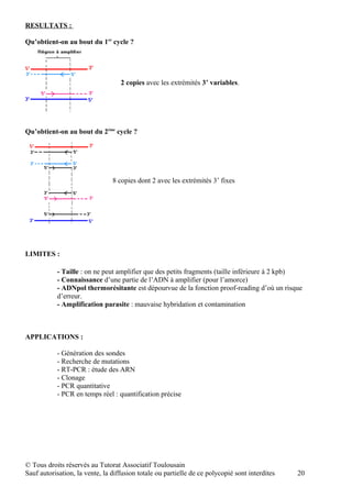 RESULTATS :

Qu’obtient-on au bout du 1er cycle ?




                                   2 copies avec les extrémités 3’ variables.




Qu’obtient-on au bout du 2ème cycle ?




                                8 copies dont 2 avec les extrémités 3’ fixes




LIMITES :

           - Taille : on ne peut amplifier que des petits fragments (taille inférieure à 2 kpb)
           - Connaissance d’une partie de l’ADN à amplifier (pour l’amorce)
           - ADNpol thermorésitante est dépourvue de la fonction proof-reading d’où un risque
           d’erreur.
           - Amplification parasite : mauvaise hybridation et contamination



APPLICATIONS :

           - Génération des sondes
           - Recherche de mutations
           - RT-PCR : étude des ARN
           - Clonage
           - PCR quantitative
           - PCR en temps réel : quantification précise




© Tous droits réservés au Tutorat Associatif Toulousain
Sauf autorisation, la vente, la diffusion totale ou partielle de ce polycopié sont interdites   20
 