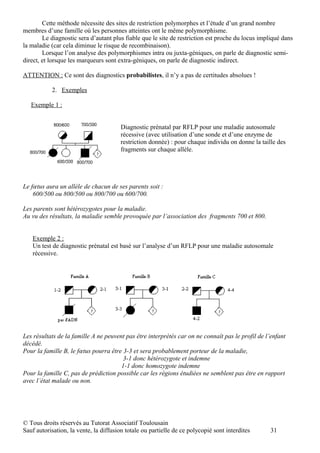 Cette méthode nécessite des sites de restriction polymorphes et l’étude d’un grand nombre
membres d’une famille où les personnes atteintes ont le même polymorphisme.
        Le diagnostic sera d’autant plus fiable que le site de restriction est proche du locus impliqué dans
la maladie (car cela diminue le risque de recombinaison).
        Lorsque l’on analyse des polymorphismes intra ou juxta-géniques, on parle de diagnostic semi-
direct, et lorsque les marqueurs sont extra-géniques, on parle de diagnostic indirect.

ATTENTION : Ce sont des diagnostics probabilistes, il n’y a pas de certitudes absolues !

           2. Exemples

   Exemple 1 :


                                        Diagnostic prénatal par RFLP pour une maladie autosomale
                                        récessive (avec utilisation d’une sonde et d’une enzyme de
                                        restriction donnée) : pour chaque individu on donne la taille des
                                        fragments sur chaque allèle.




Le fœtus aura un allèle de chacun de ses parents soit :
    600/500 ou 800/500 ou 800/700 ou 600/700.

Les parents sont hétérozygotes pour la maladie.
Au vu des résultats, la maladie semble provoquée par l’association des fragments 700 et 800.


   Exemple 2 :
   Un test de diagnostic prénatal est basé sur l’analyse d’un RFLP pour une maladie autosomale
   récessive.




Les résultats de la famille A ne peuvent pas être interprétés car on ne connaît pas le profil de l’enfant
décédé.
Pour la famille B, le fœtus pourra être 3-3 et sera probablement porteur de la maladie,
                                        3-1 donc hétérozygote et indemne
                                       1-1 donc homozygote indemne
Pour la famille C, pas de prédiction possible car les régions étudiées ne semblent pas être en rapport
avec l’état malade ou non.




© Tous droits réservés au Tutorat Associatif Toulousain
Sauf autorisation, la vente, la diffusion totale ou partielle de ce polycopié sont interdites      31
 