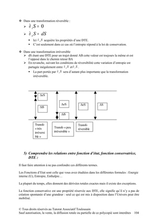  Dans une transformation réversible :
       ∂ iS = 0
       ∂ e S = dS
          Ici ∂ e S acquière les propriétés d’une DTE.
          C’est seulement dans ce cas où l’entropie répond à la loi de conservation.

 Dans une transformation irréversible
   dS étant une DTE pour un trajet donné AB cette valeur est toujours la même et est
     l’opposé dans le chemin retour BA
   En revanche, suivant les conditions de réversibilité cette variation d’entropie est
     partagée inégalement entre ∂ e S et ∂ i S .
      La part portée par ∂ i S sera d’autant plus importante que la transformation
         irréversible.




                 ΔeS

                                   ΔeS             ΔeS              ΔS
                 ΔiS

                                   ΔiS


             Transfo                             Transfo
             « très          Transfo « peu       réversible
             irréversi       irréversible »
             ble »




   5) Comprendre les relations entre fonction d’état, fonction conservatrice,
      DTE :

Il faut faire attention à ne pas confondre ces différents termes.

Les Fonctions d’Etat sont celle que vous avez étudiées dans les différentes formules : Energie
interne (U), Entropie, Enthalpie…

La plupart du temps, elles donnent des dérivées totales exactes mais il existe des exceptions.

La fonction conservative est une propriété réservée aux DTE, elle signifie qu’il n’y a pas de
création spontanée d’une grandeur : seul ce qui est mis à disposition dans l’Univers peut être
mobilisé.


© Tous droits réservés au Tutorat Associatif Toulousain
Sauf autorisation, la vente, la diffusion totale ou partielle de ce polycopié sont interdites   104
 