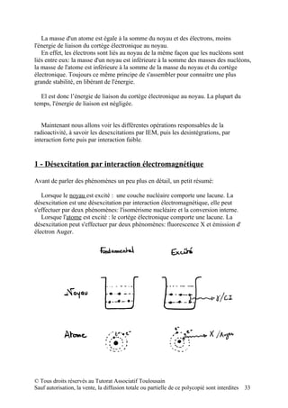 La masse d'un atome est égale à la somme du noyau et des électrons, moins
l'énergie de liaison du cortège électronique au noyau.
   En effet, les électrons sont liés au noyau de la même façon que les nucléons sont
liés entre eux: la masse d'un noyau est inférieure à la somme des masses des nucléons,
la masse de l'atome est inférieure à la somme de la masse du noyau et du cortège
électronique. Toujours ce même principe de s'assembler pour connaitre une plus
grande stabilité, en libérant de l'énergie.

  El est donc l’énergie de liaison du cortège électronique au noyau. La plupart du
temps, l'énergie de liaison est négligée.


   Maintenant nous allons voir les différentes opérations responsables de la
radioactivité, à savoir les desexcitations par IEM, puis les desintégrations, par
interaction forte puis par interaction faible.


1 - Désexcitation par interaction électromagnétique

Avant de parler des phénomènes un peu plus en détail, un petit résumé:

   Lorsque le noyau est excité : une couche nucléaire comporte une lacune. La
désexcitation est une désexcitation par interaction électromagnétique, elle peut
s'effectuer par deux phénomènes: l'isomérisme nucléaire et la conversion interne.
   Lorsque l'atome est excité : le cortège électronique comporte une lacune. La
désexcitation peut s'effectuer par deux phénomènes: fluorescence X et émission d'
électron Auger.




© Tous droits réservés au Tutorat Associatif Toulousain
Sauf autorisation, la vente, la diffusion totale ou partielle de ce polycopié sont interdites   33
 