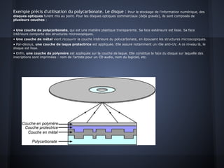 Exemple précis d'utilisation du polycarbonate. Le disque : Pour le stockage de l’information numérique, des
disques optiques furent mis au point. Pour les disques optiques commerciaux (déjà gravés), ils sont composés de
plusieurs couches :
• Une couche de polycarbonate, qui est une matière plastique transparente. Sa face extérieure est lisse. Sa face
intérieure comporte des structures microscopiques.
• Une couche de métal vient recouvrir la couche intérieure du polycarbonate, en épousant les structures microscopiques.
• Par-dessus, une couche de laque protectrice est appliquée. Elle assure notamment un rôle anti-UV. A ce niveau là, le
disque est lisse.
• Enfin, une couche de polymère est appliquée sur la couche de laque. Elle constitue la face du disque sur laquelle des
inscriptions sont imprimées : nom de l’artiste pour un CD audio, nom du logiciel, etc.
 