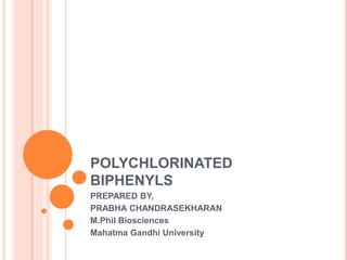 POLYCHLORINATED
BIPHENYLS
PREPARED BY,
PRABHA CHANDRASEKHARAN
M.Phil Biosciences
Mahatma Gandhi University
 