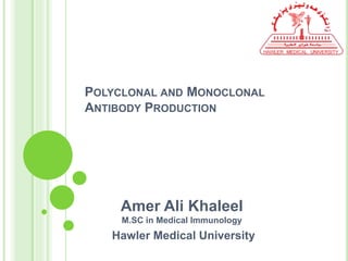 POLYCLONAL AND MONOCLONAL
ANTIBODY PRODUCTION
Amer Ali Khaleel
M.SC in Medical Immunology
Hawler Medical University
 