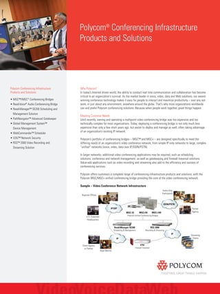 Polycom® Conferencing Infrastructure
                                          Products and Solutions




Polycom Conferencing Infrastructure       Why Polycom?
Products and Solutions:                   In today's Internet driven world, the ability to conduct real time communication and collaboration has become
                                          critical to an organization's survival. As the market leader in voice, video, data and Web solutions, our award-
• MGC™/MGC+ Conferencing Bridges          winning conference technology makes it easy for people to interact and maximize productivity – over any net-
• ReadiVoice® Audio Conferencing Bridge   work, in just about any environment, anywhere around the globe. That's why more organizations worldwide
• ReadiManager™ SE200 Scheduling and      use and prefer Polycom conferencing solutions. Because when people work together, great things happen.
  Management Solution
                                          Meeting Customer Needs
• PathNavigator™ Advanced Gatekeeper      Until recently, owning and operating a multipoint video conferencing bridge was too expensive and too
• Global Management System™               technically complex for most organizations. Today, deploying a conferencing bridge is not only much less
  Device Management                       expensive than only a few short years ago, but easier to deploy and manage as well, often taking advantage
                                          of an organization’s existing IP network.
• WebCommander™ Scheduler
• V2IU™ Network Security                  Polycom’s portfolio of conferencing bridges – MGC™ and MGC+ – are designed specifically to meet the
• RSS™ 2000 Video Recording and           differing needs of an organization’s video conference network, from simple IP-only networks to large, complex
  Streaming Solution                      “unified” networks (voice, video, data over IP/ISDN/PSTN).

                                          In larger networks, additional video conferencing applications may be required, such as scheduling
                                          solutions; conference and network management; as well as gatekeeping and firewall traversal solutions.
                                          Value-add applications such as video recording and streaming also add to the efficiency and success of
                                          conferencing services.

                                          Polycom offers customers a complete range of conferencing infrastructure products and solutions, with the
                                          Polycom MGC/MGC+ unified conferencing bridge providing the core of the video conferencing network.

                                          Sample – Video Conference Network Infrastructure
                                                                                                                                       Audio-Only
                                                                                                                                       Participants
                                           Regional Offices


                                                                                                                                        ISDN/PSTN
                                                                            IP/SIP                                                                     Partner
                                                                                             MGC-25         MGC+50           MGC+100                   Agency
                                                                                              Polycom Unified Conferencing Bridges
                                                U.S. Corporate
                                                Headquarters


                                                                                ReadiManager SE200                          RSS 2000
                                                                                Scheduling & Management             Recording & Streaming
                                                                                                                                                 IP
                                                                                                                                                      Streaming
                                                                                  IP                                                                   Clients


                                           Client Agency                                                     V2IU
                                             or Partner                                                Firewall Traversal
                                                                 Road Warrior
 