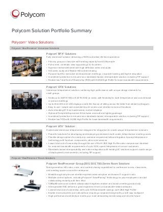 Polycom Solution Portfolio Summary
Polycom® Video Solutions
Polycom® RealPresence ® Immersive Solutions

Polycom® RPX™ Solutions
Fully immersive solution delivering a 100% controlled, life-like experience.
•   its any group or class size with seating capacity from 4-28 people
F
•  Full screen, cinematic view supporting 2 to 4 screens
•  Superior realism delivered with high definition video and audio
•  HD video, audio and flexible HD content sharing
•  Purpose built for executive and boardroom meetings, corporate training and higher education
•  Investment protection is ensured as a standards-based, interoperable solution, including TIP support
•  Realize low Total Cost of Ownership (TCO) with H.264 High Profile for lower bandwidth requirements

Polycom®­OTX® Solutions
Immersive telepresence solution combining high performance with unique design elements for
small groups.
•   eats up to 4 (OTX 100) or 6 (OTX 300) on video, with flexibility for both telepresence and conventional
S
in-person meetings
•  Up to three 65-inch LCD displays create the illusion of sitting across the table from distant colleagues
•  Easy to use—simple and consistent touch-screen user interface across all locations
•  Auto-elevating 21.5-inch widescreen content displays
•  Optional Complete Experience Kit includes rear wall and lighting package
•  Investment protection is ensured as a standards-based, interoperable solution, including TIP support
•  Realize low TCO with H.264 High Profile for lower bandwidth requirements

Polycom® ATX™ Solution
Customized immersive telepresence designed for integrators to create unique telepresence solutions.
•  
Powerful solutions for developing and deploying customized multi-codec, telepresence meeting rooms
•   lexible design options for nearly any customer requirement allow integrators to wrap telepresence
F
technology with furniture, components, décor and services
•   ower total cost of ownership through the use of the H.264 High Profile video compression standard
L
for reduced bandwidth requirements of up to 50%; opens telepresence to more customers
•   tandards-based interoperability and native integration with leading UC solutions support a wide range
S
of deployments environments, including TIP support

Polycom® RealPresence ® Room Solutions

Polycom® RealPresence ® Group (300, 500, 700) Series Room Solutions
Next-generation HD video, voice, and content sharing capabilities for conference rooms, classrooms,
and meeting spaces across the enterprise.
•  Breakthrough simple user interface speeds video adoption and lowers IT support costs
•   ultiple control options, including Polycom ® SmartPairing ® technology so your employees can start
M
collaborating instantly with their iPad
•  1080p60 video and content collaboration heightens realism and boosts meeting productivity
•  Interoperable SVC delivers a great experience even on bandwidth-limited networks
•  Lowest total cost of ownership, with up to 50% bandwidth savings via H.264 High Profile
•  Enable more people to join calls without requiring a separate bridge with up to 8-way multipoint
•  High-performance architecture meets your most demanding needs today and into the future

 