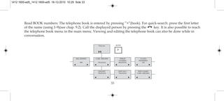 33
Read BOOK numbers: The telephone book is entered by pressing ”>”(book). For quick-search: press the first letter
of the name (using 1-9)(see chap. 9.2). Call the displayed person by pressing the key. It is also possible to reach
the telephone book menu in the main menu. Viewing and editing the telephone book can also be done while in
conversation.
Polycom
bILL JENSEN
899
CARL NIELSEN
7561XXXX
PHILIP
HANSEN
8614XXXX
CLAUS
PEDERSEN
134
DELETE?
7561XXXX
EDIT NO.?
7561XXXX
EDIT NAME?
CARL NIELSEN
>
BOOK
1412 1600-ed5_1412 1600-ed5 16-12-2010 10:29 Side 33
 