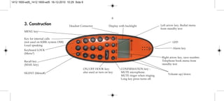 6
Key for internal calls
(not used on KIRK system 1500)
Loud speaking
Keyboard LOCK
(Menu*)
MENU key
Display with backlight
Recall key
(MAIL key)
SILENT (Menu#)
ON/OFF HOOK key-
also used as turn on key
CONFIRMATION key -
MUTE microphone.
MUTE ringer when ringing.
Long key press turns off.
Right arrow key, save number.
Telephone book menu from
standby text
Left arrow key, Redial menu
from standby text
Volume up/down
LED
Alarm key
Headset Connector
3. Construction
1412 1600-ed5_1412 1600-ed5 16-12-2010 10:29 Side 6
 